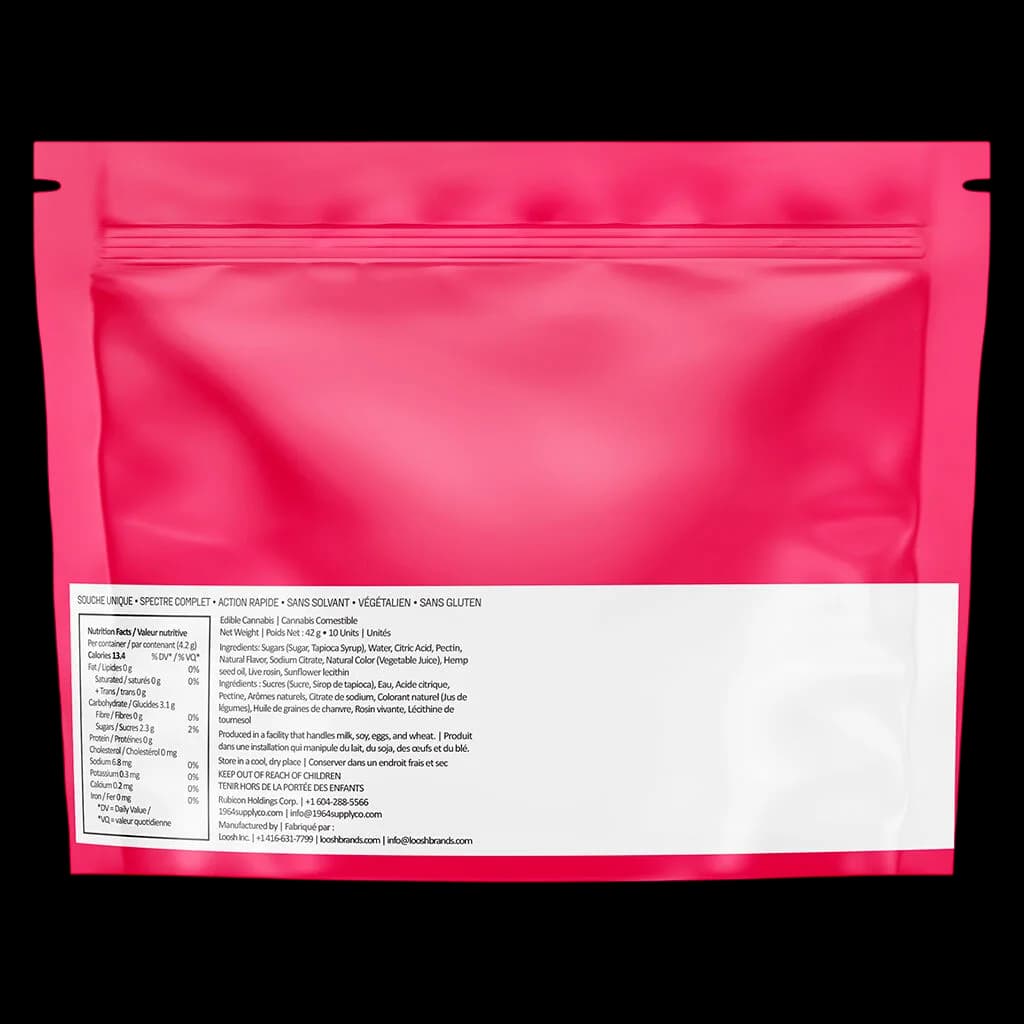 1964 Strawberry Watermelon Live Rosin Gummies 42g package rear showing nutrition facts, ingredients, and regulatory information on pink pouch