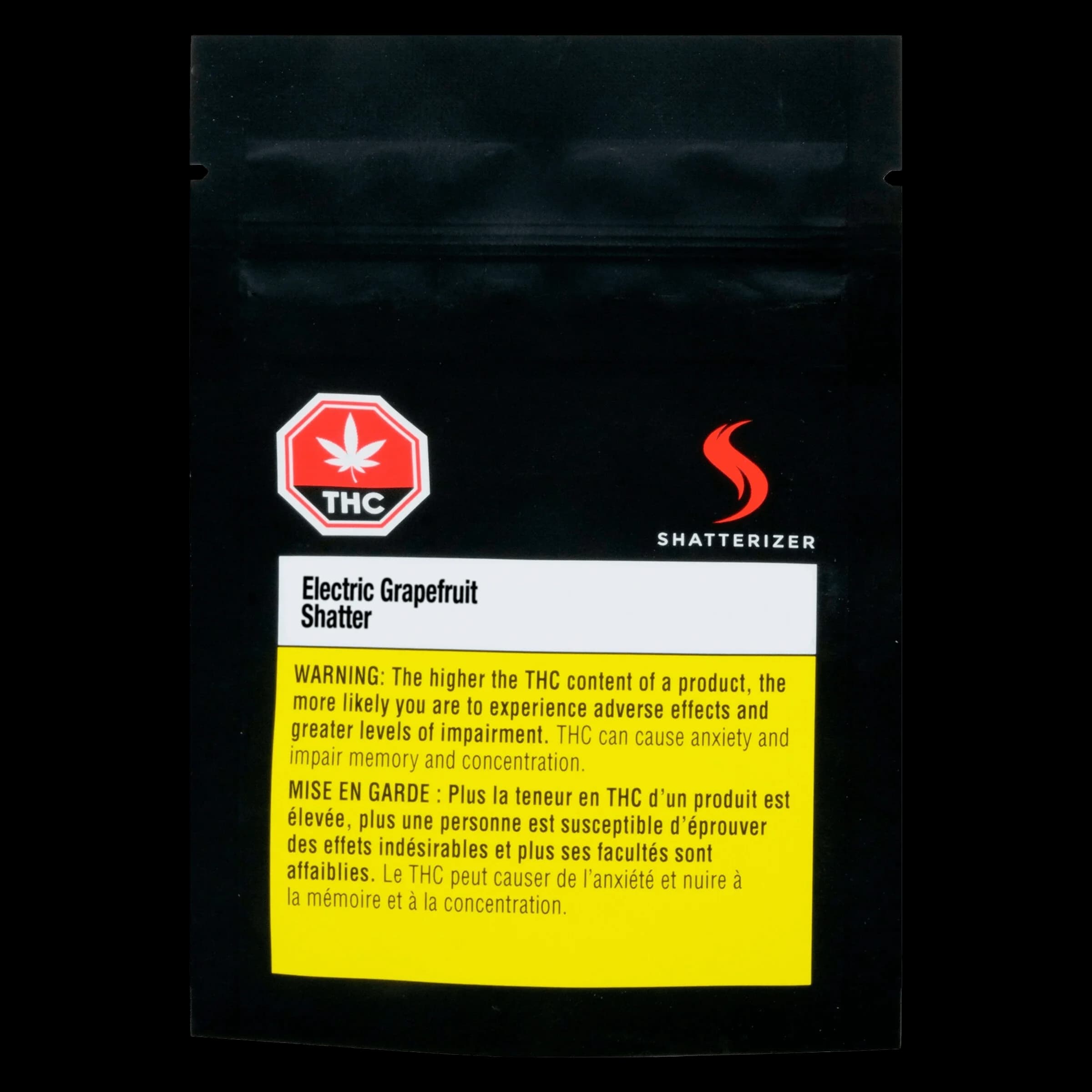 Shatterizer Electric Grapefruit Shatter cannabis concentrate package with red THC warning symbol and yellow Health Canada warning label on black pouch