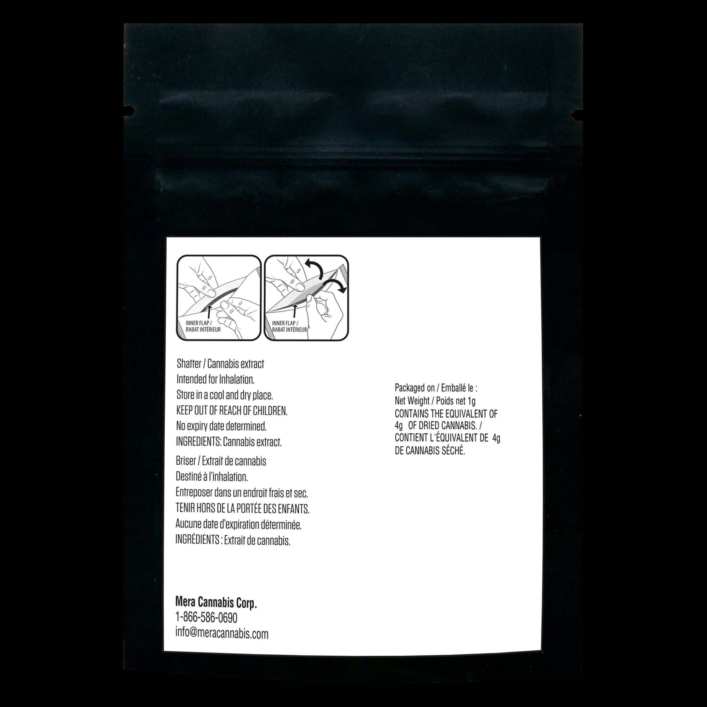 Mera Cannabis Corp. Shatter 1g cannabis extract package back label with bilingual usage and storage instructions