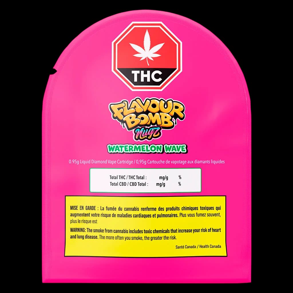 Flavour Bomb Watermelon Wave 0.95g liquid diamond vape cartridge packaging with THC warning symbol and Health Canada label on bright pink background