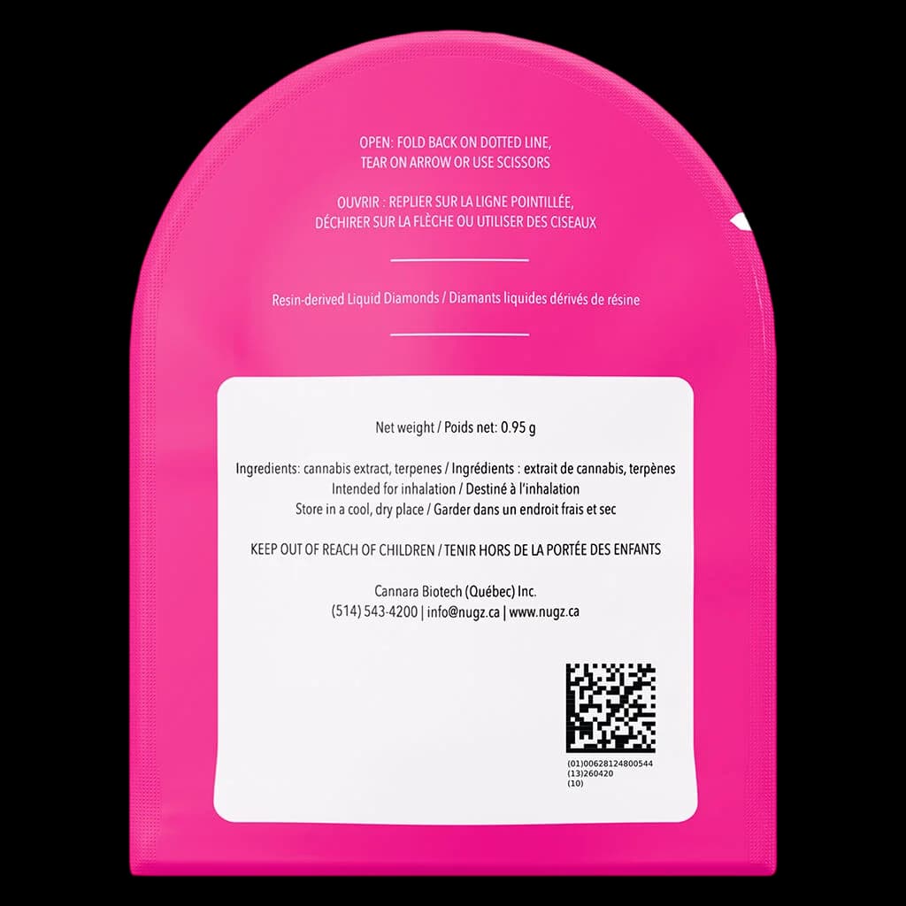 Nugz Flavour Bomb Watermelon Wave 0.95g resin-derived liquid diamonds 510 cartridge packaging rear with bilingual instructions and QR code
