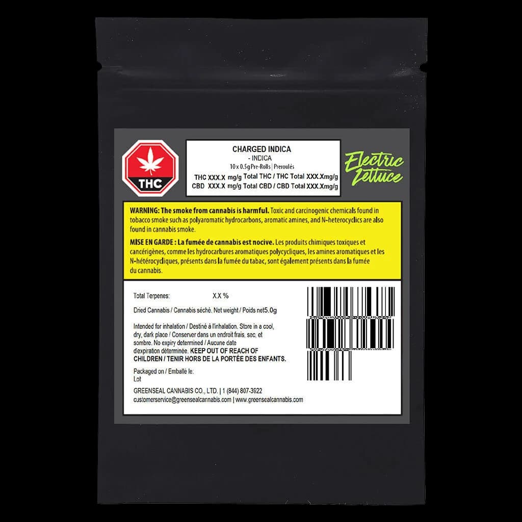Charged Indica pre-roll pack back label showing THC/CBD potency, Health Canada warnings, and Greenseal Cannabis Co. producer details