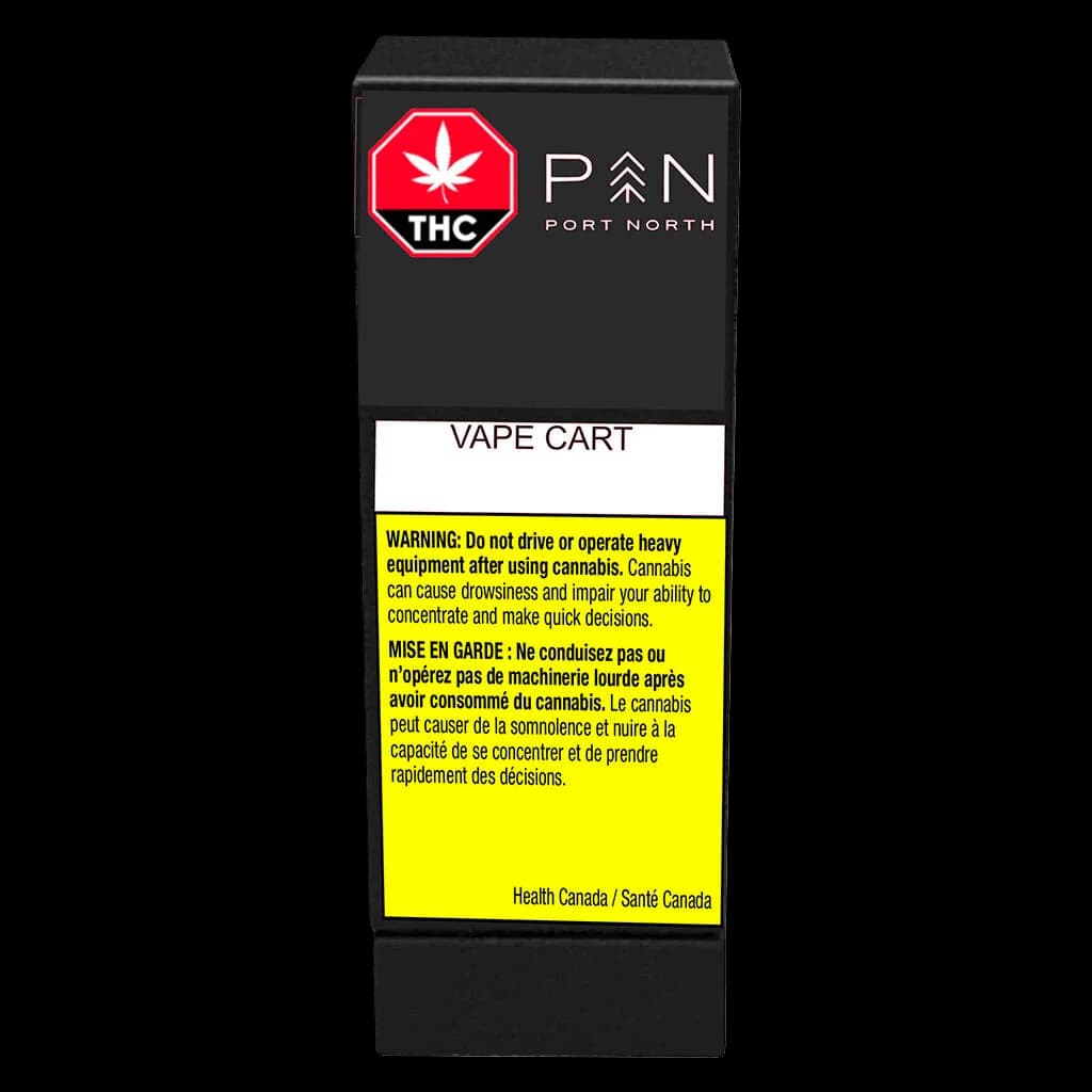 Emballage de cartouche de vapotage THC Port North PAN avec symbole d'avertissement THC rouge et étiquette d'avertissement jaune de Santé Canada