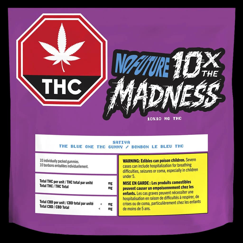 No Future 10x The Madness The Blue One Sativa 10-pack THC gummies with red THC warning symbol and Health Canada safety label on purple packaging