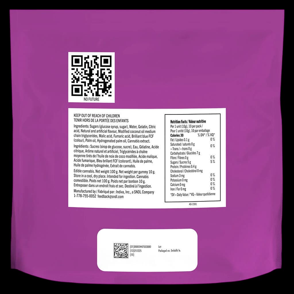 No Future 10x the Madness The Blue One Sativa gummies rear packaging showing ingredients, nutrition facts, and cannabis extract details on purple pouch
