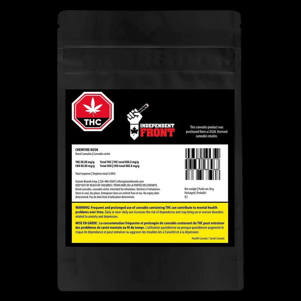 Chemfire Kush dried cannabis flower 28g pouch by Independent Front with THC warning label and Health Canada warning