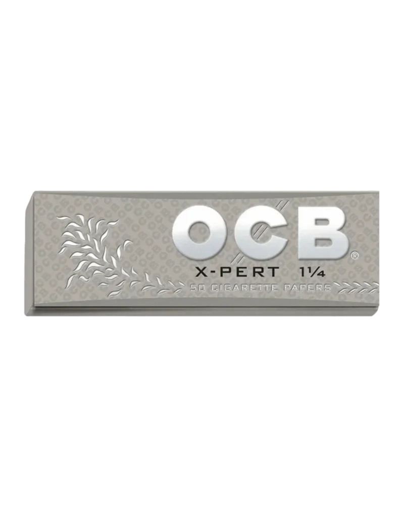 OCB X-Pert 1 1/4 rolling papers, 50-sheet pack with silver packaging and decorative leaf design