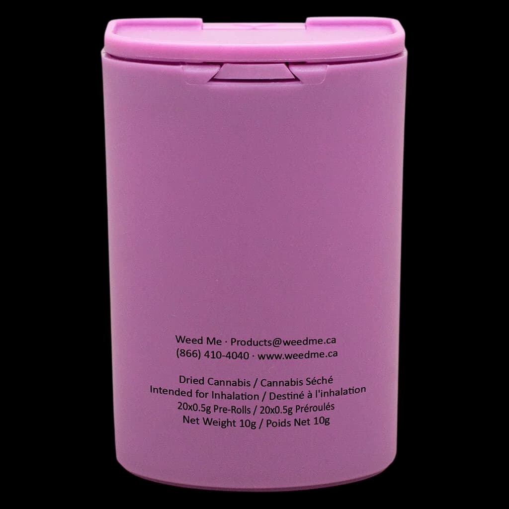 Weed Me 20x0.5g pre-rolls pack, 10g total net weight, pink cylindrical container with child-resistant closure