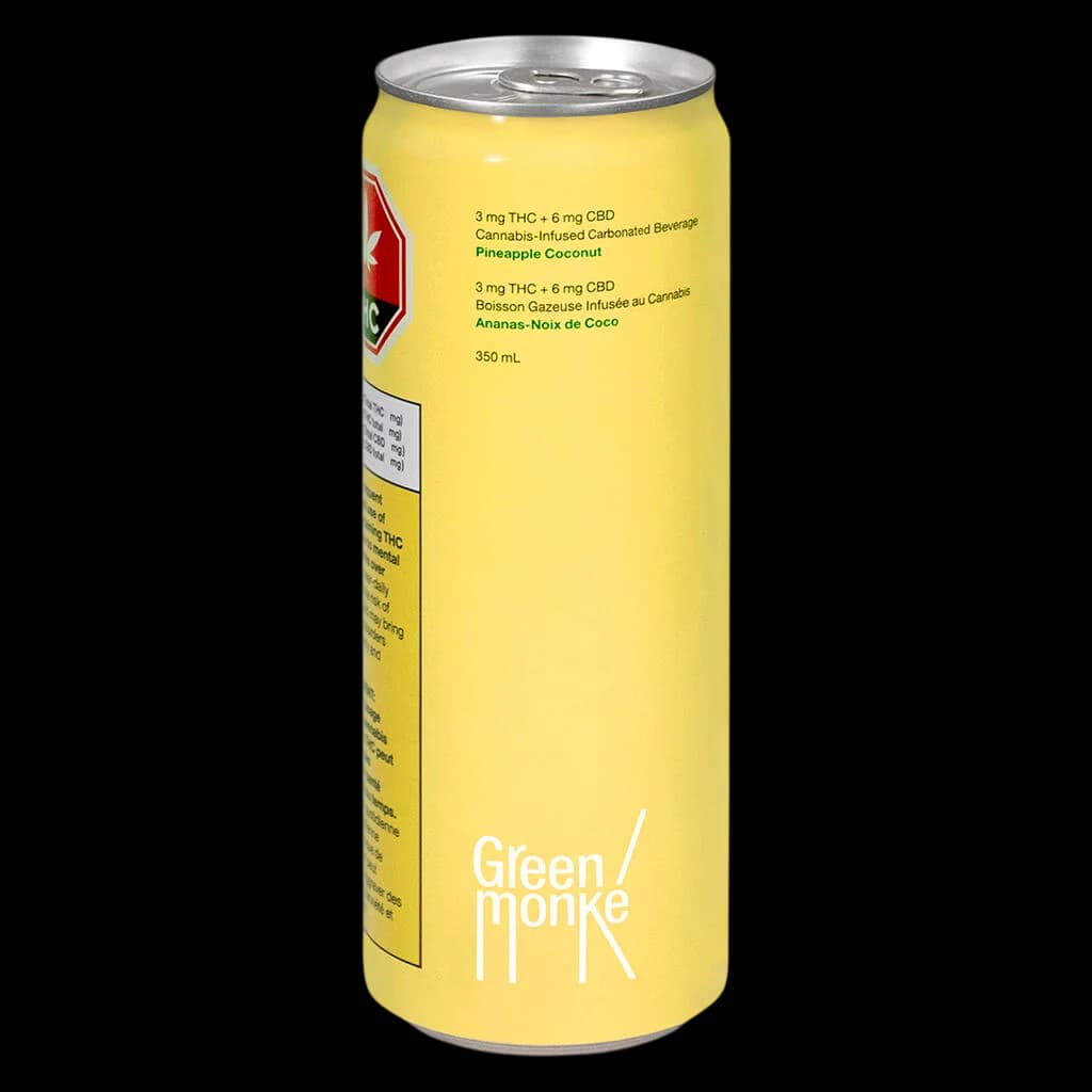 Green Monké Pineapple Coconut cannabis beverage, 350mL can with 3mg THC and 6mg CBD