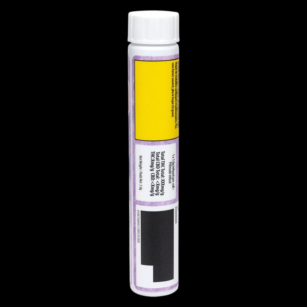Pré-roulé infusé au raisin Gloves Off de High Stick avec étiquette d'avertissement jaune de Santé Canada et emballage violet