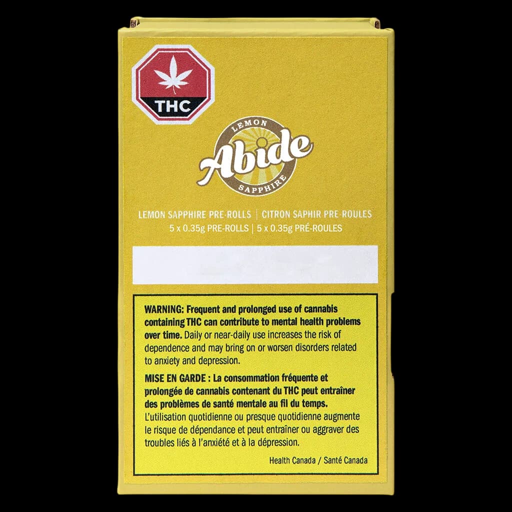Abide Lemon Sapphire pre-rolls, 5 x 0.35g pack with yellow packaging and THC warning symbol