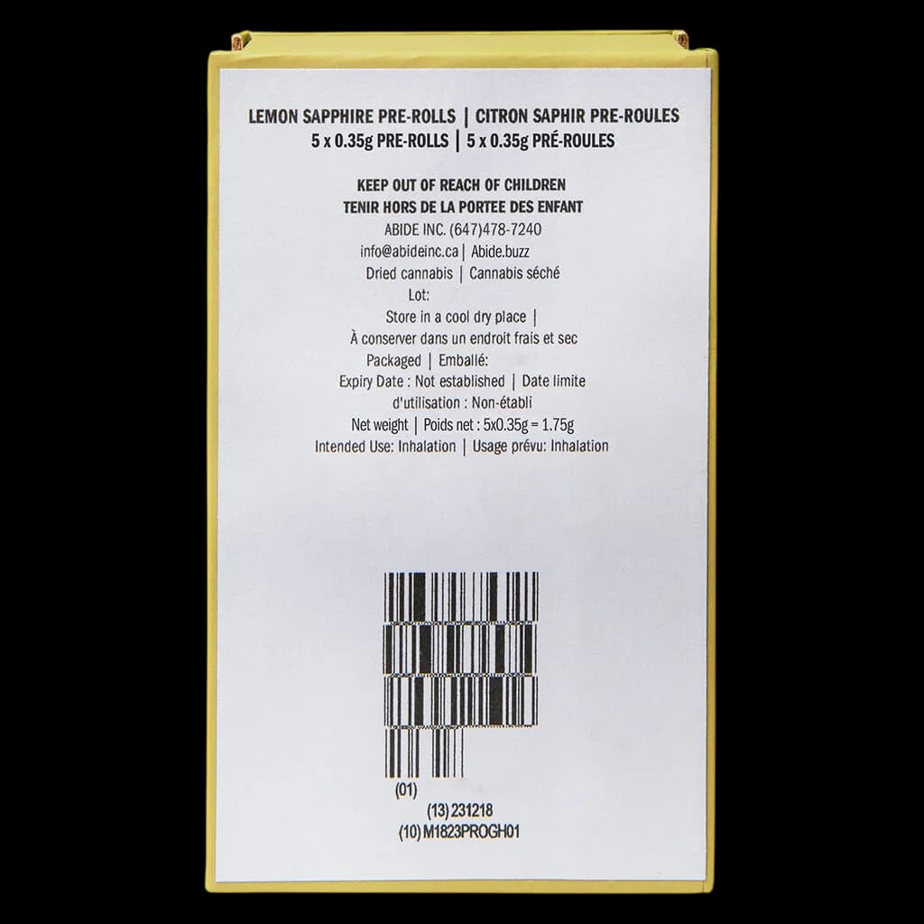 Abide Lemon Sapphire pre-rolls 5 x 0.35g pack rear label with product information, storage instructions, and barcode