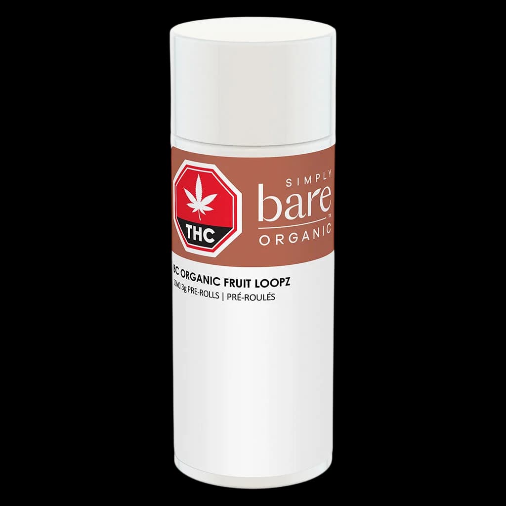 Simply Bare Organic Fruit Loopz pre-roll pack, white tube with rust-colored band and THC logo