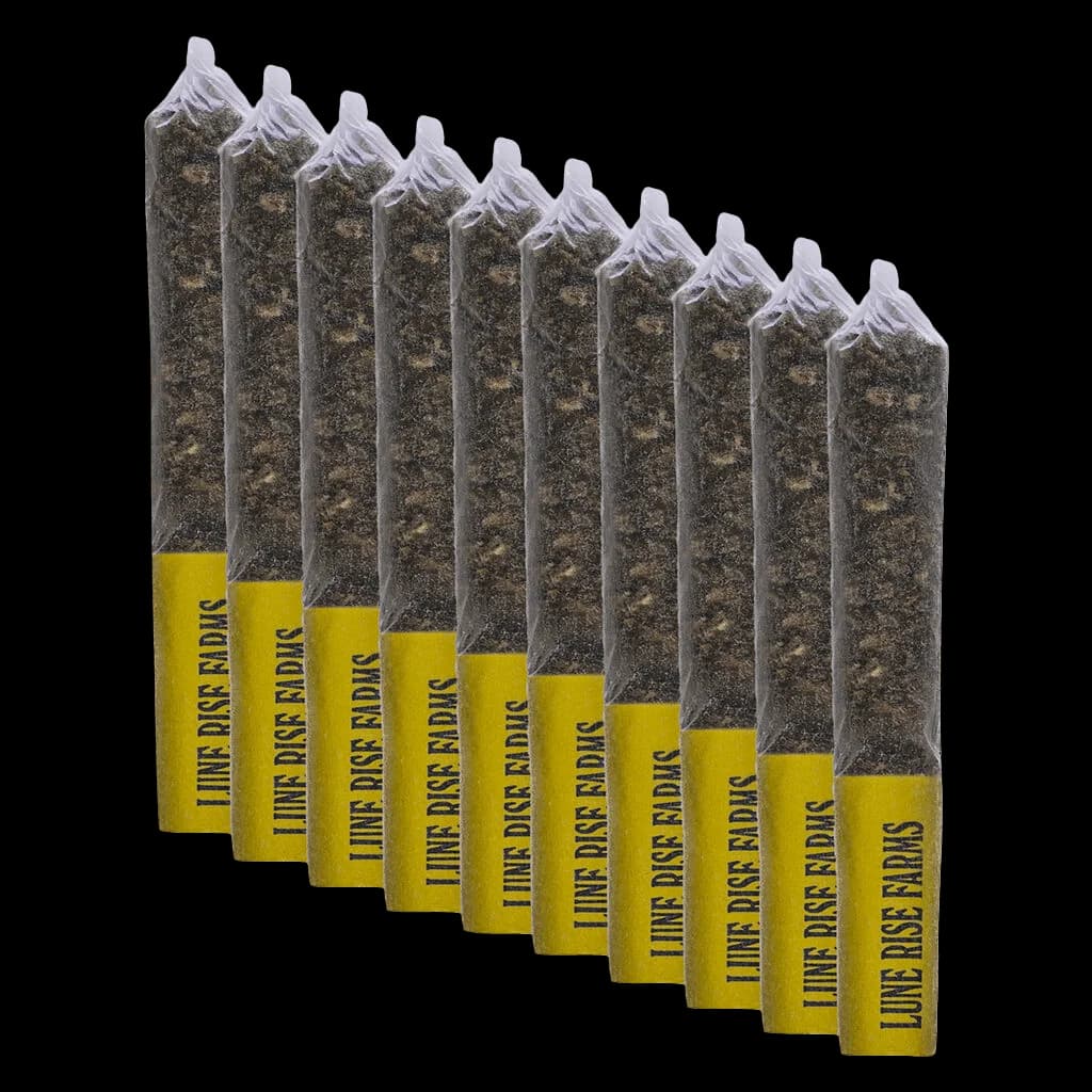 Lune Rise Farms Farmers' Market Trail Walkers pre-roll 10-pack with yellow and black packaging