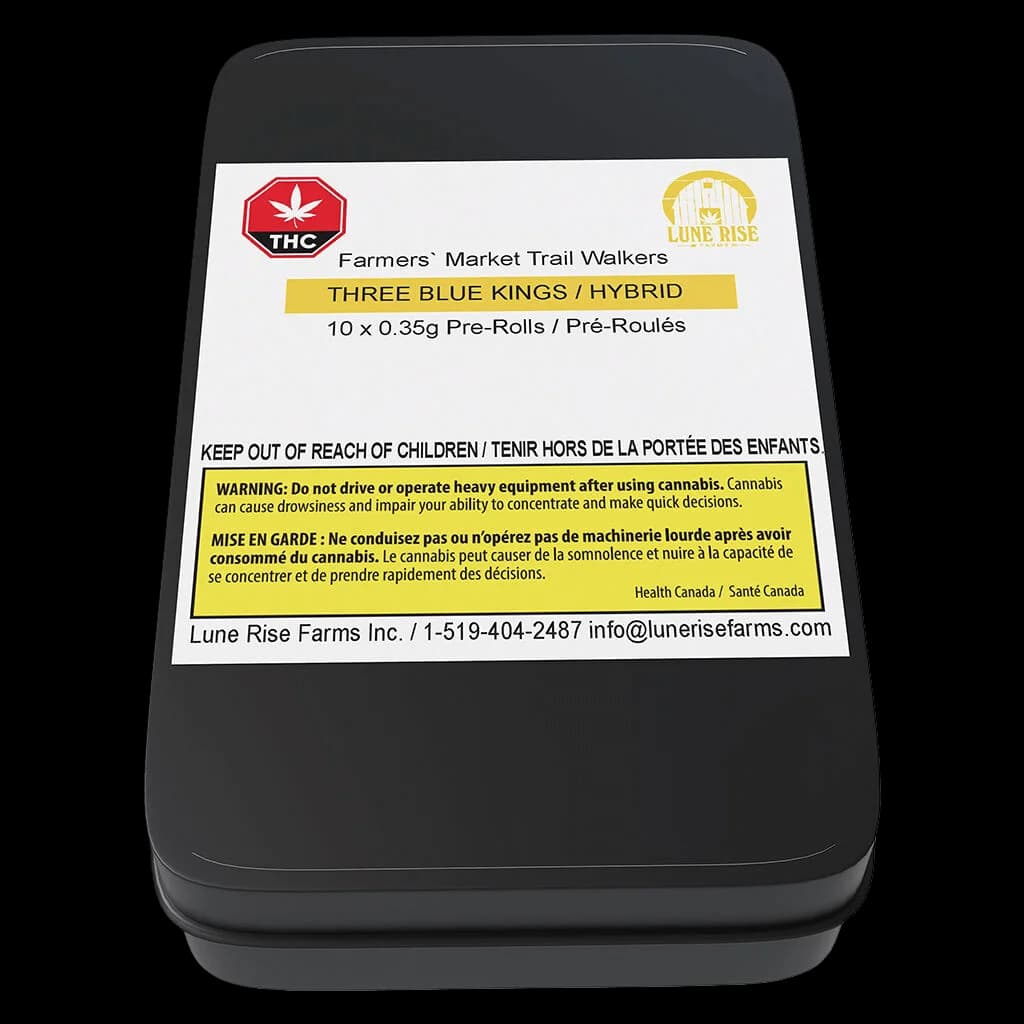 Lune Rise Farms Farmers' Market Trail Walkers Three Blue Kings hybrid 10 x 0.35g cannabis pre-roll pack with red THC warning symbol and yellow Health Canada warning label