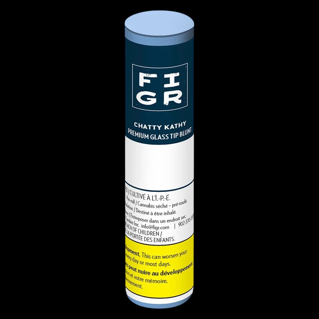 FIGR Chatty Kathy Premium Glass Tip Blunt pre-roll with dark navy and white packaging and yellow Health Canada warning label