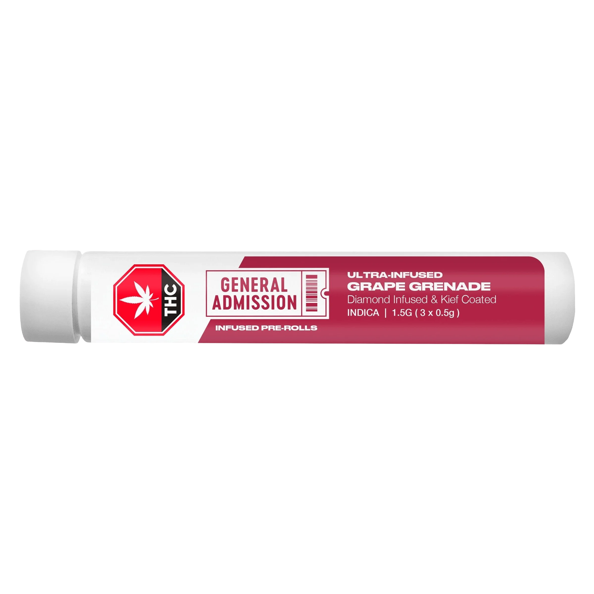 Emballage de pré-roulé ultra-infusé Grape Grenade de General Admission, 1,5 g d'indica avec infusion de diamants et enrobage de kief