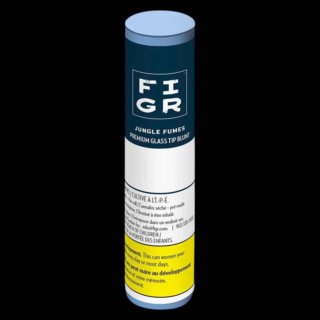 FIGR Jungle Fumes Premium Glass Tip Blunt pre-roll with dark teal packaging, white band, and yellow health warning label