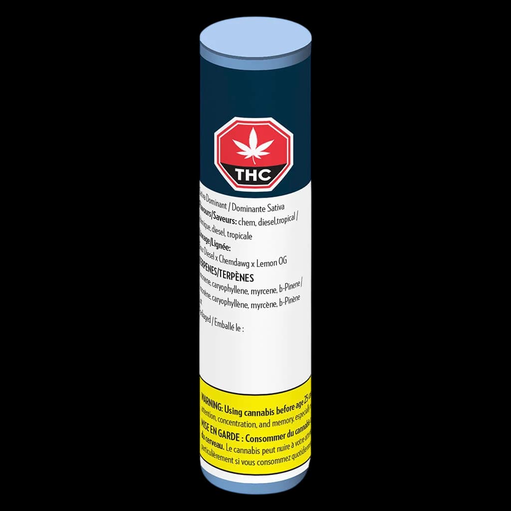 FIGR Jungle Fumes premium cannabis pre-roll with glass tip in dark cylindrical packaging, displaying THC warning symbol and Health Canada label