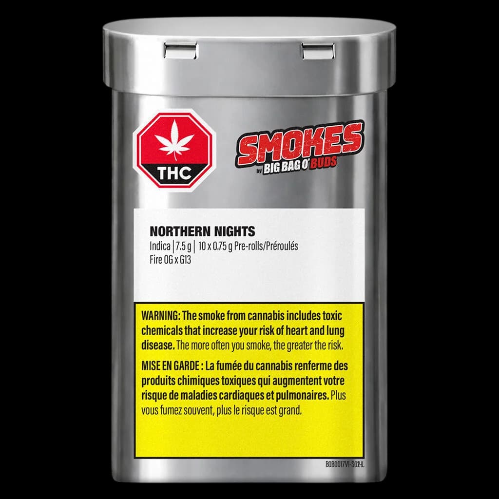 Big Bag O' Buds Smokes Northern Nights pre-roll pack, 10 × 0.75g, indica cannabis pre-rolls in metallic tube