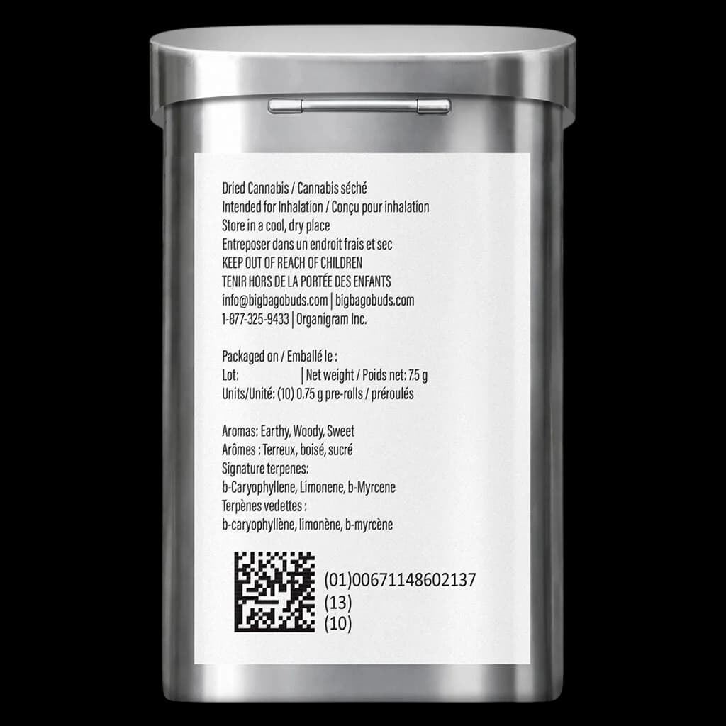 Big Bag O' Buds Northern Nights pre-roll pack, 10 x 0.75g, stainless steel container with product information label