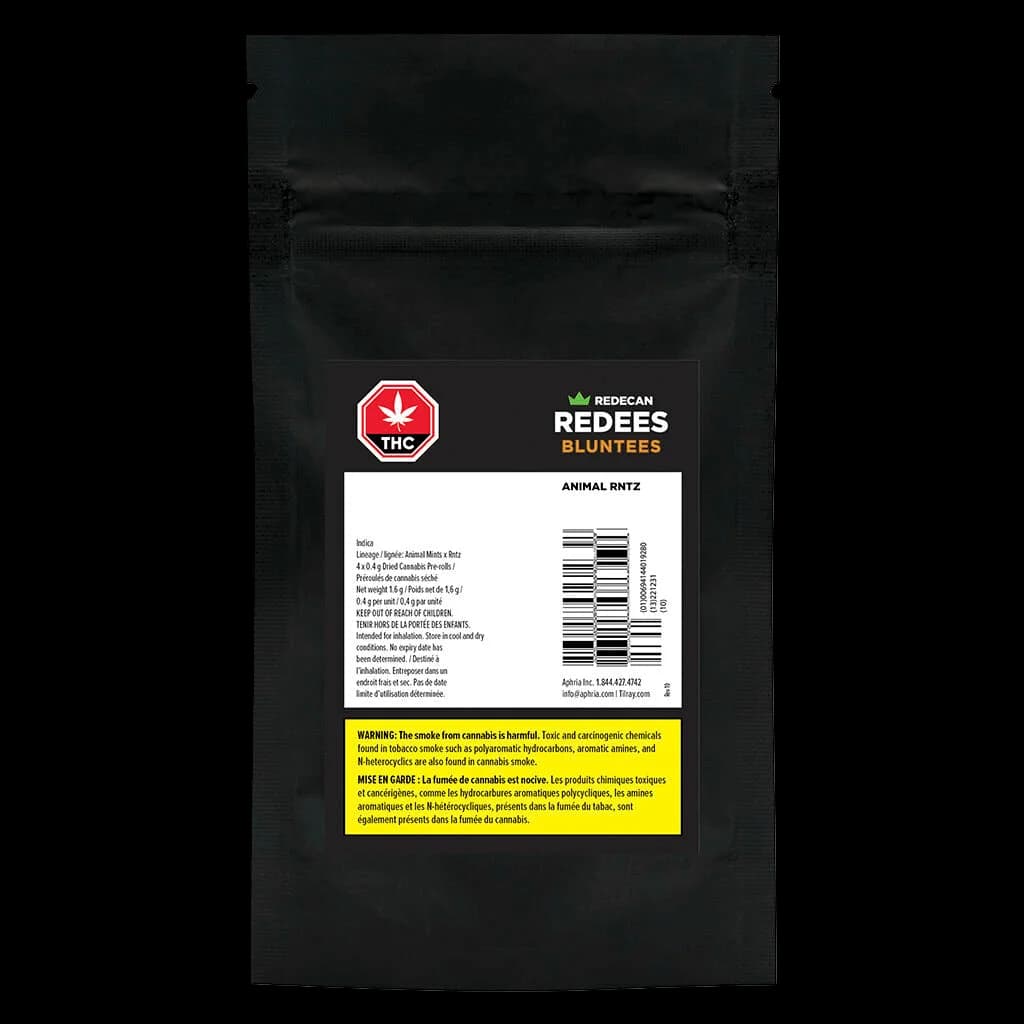 Pochette de 4 pré-roulés Redecan Redees Bluntees Animal Rntz avec étiquette d'avertissement de THC et texte réglementaire de Santé Canada