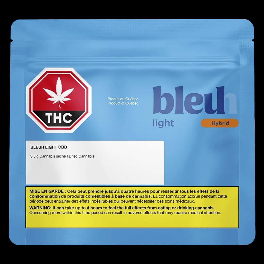 Bleuh Light CBD 3.5g dried cannabis flower hybrid strain package with THC symbol and Health Canada warning label