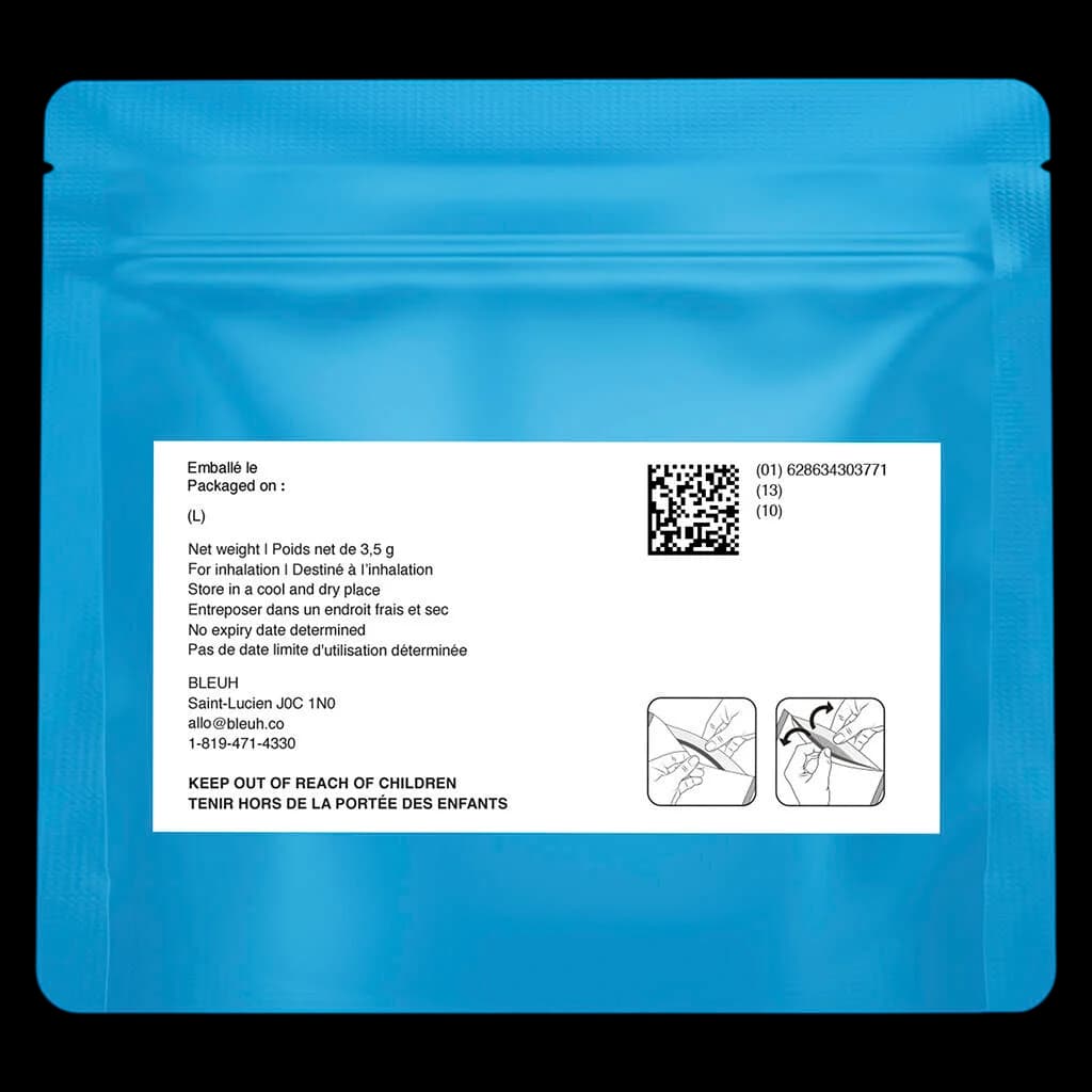 Bleuh 3.5g dried flower pouch, rear label showing net weight, storage instructions, QR code, and child safety warnings