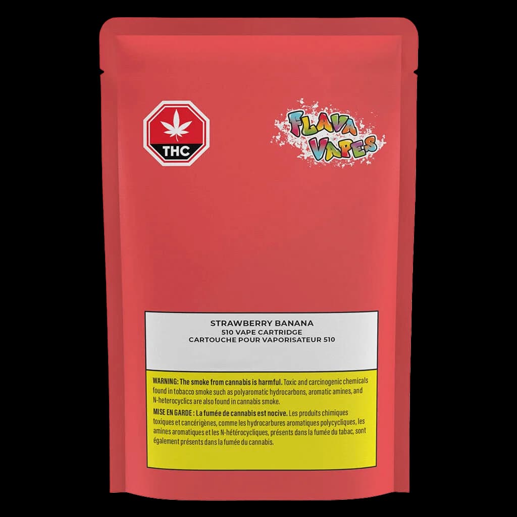 Emballage de cartouche vapoteuse Flava Fraise Banane 510, pochette rouge avec symbole d'avertissement THC et étiquette d'avertissement jaune de Santé Canada