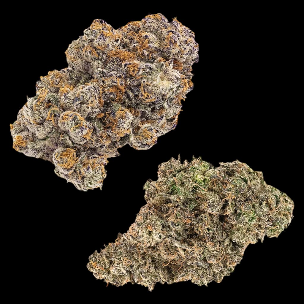 FIGR Jungle Fumes and Kandy Cake cannabis dried flower buds, two contrasting strains displayed side-by-side