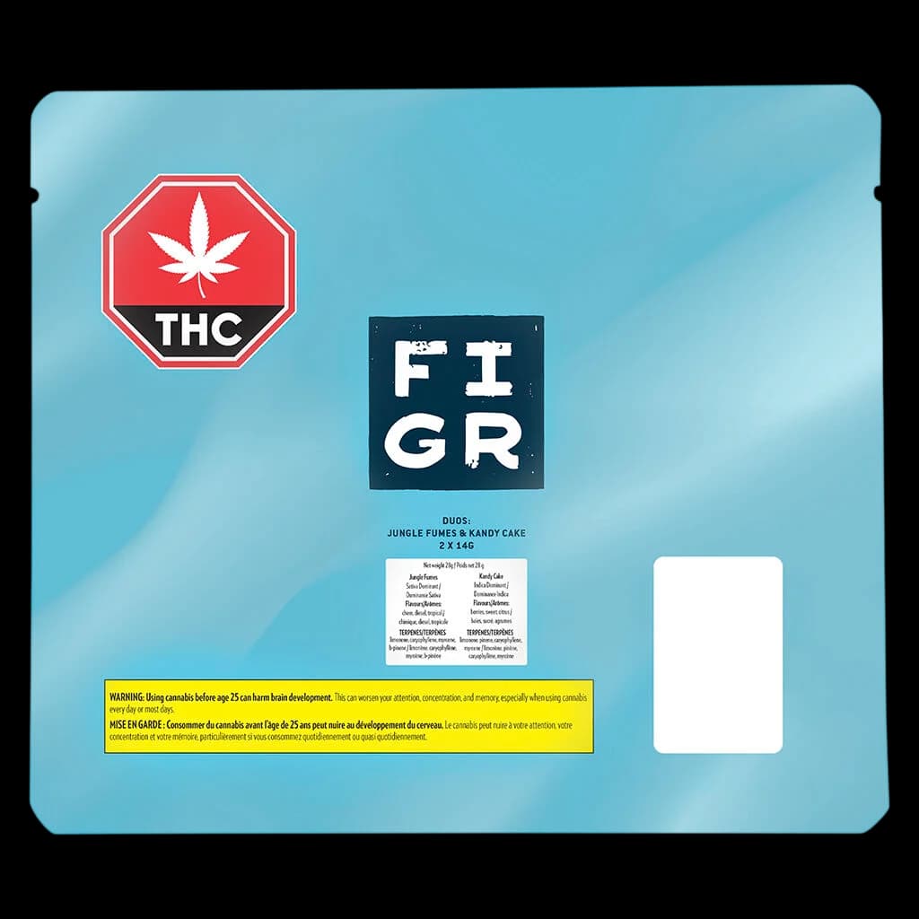 FIGR Duos Jungle Fumes & Kandy Cake 2x1.4g cannabis dried flower package with THC warning symbol and Health Canada label on light blue pouch