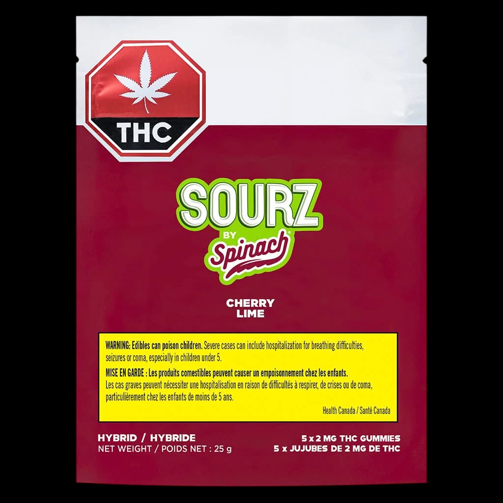 Sourz by Spinach Cherry Lime 5x2mg THC gummies package front with red THC warning symbol and yellow Health Canada warning label
