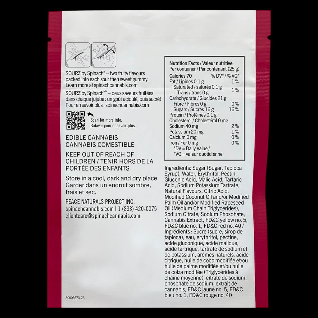 SOURZ by Spinach cannabis edible gummies package back showing nutrition facts, ingredients, and bilingual product information with child safety warning.