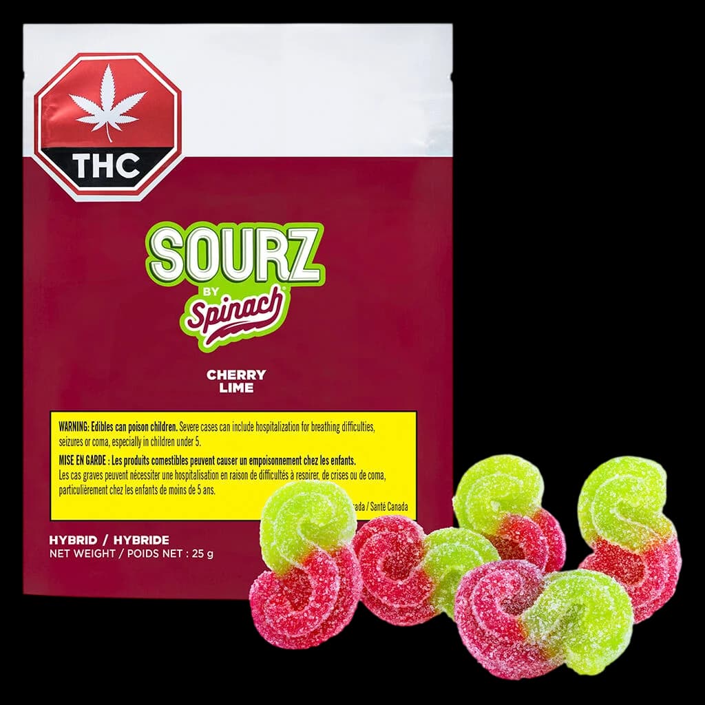 Sourz by Spinach Cherry Lime 25g hybrid cannabis soft chews with red THC warning symbol on packaging