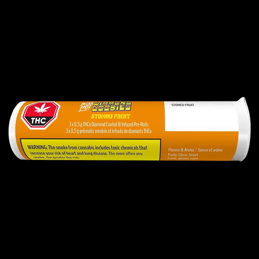 Diamond Doobies Stoned Fruit THCa diamond-coated pre-rolls, 3 x 0.5g pack with orange packaging and health warning label