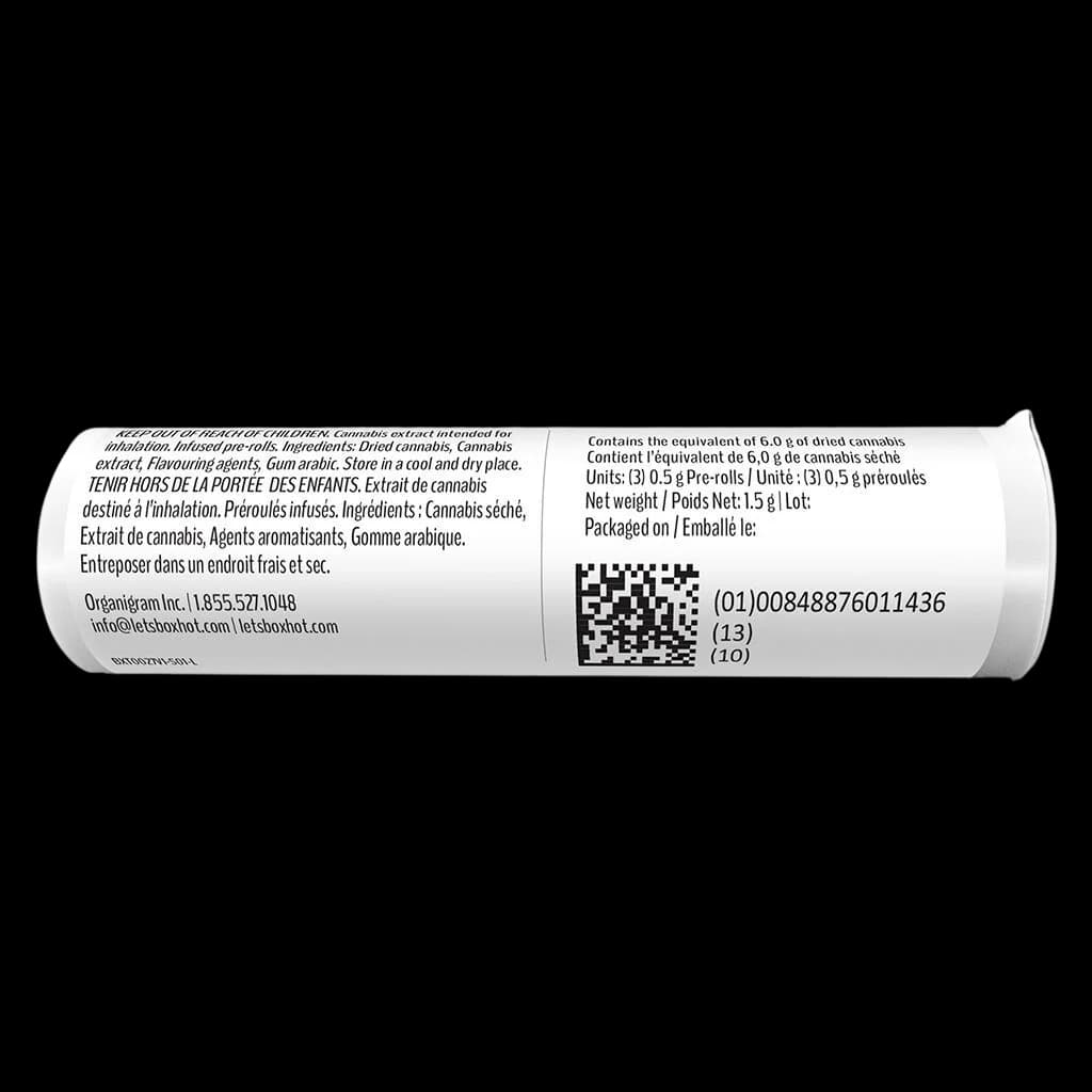 Diamond Doobies Stoned Fruit Infused Pre-Roll packaging rear showing 3×0.5g pre-rolls, 1.5g net weight, bilingual warnings, and QR code