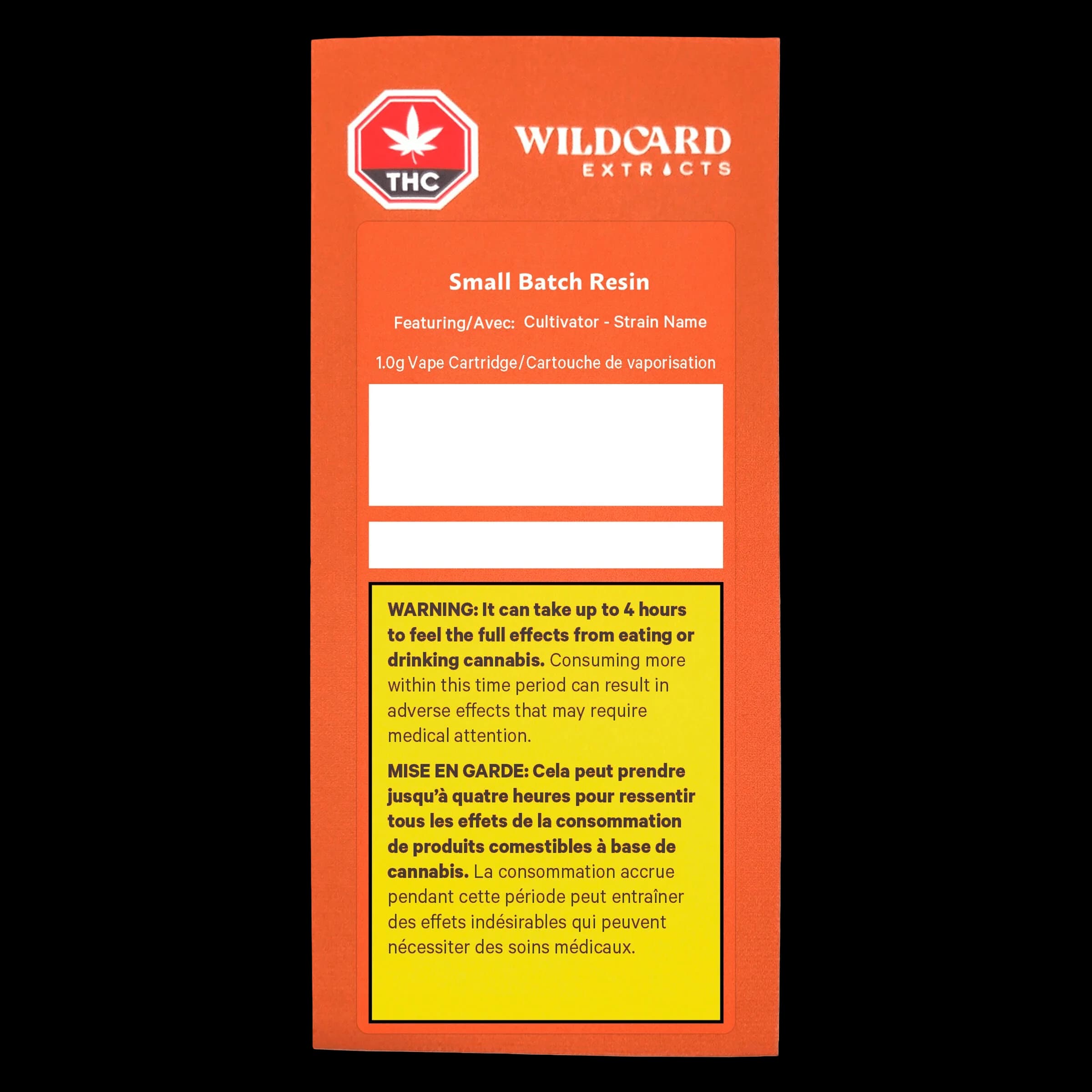Wildcard Extracts Small Batch Resin 1.0g vape cartridge package front with orange background and yellow Health Canada warning label