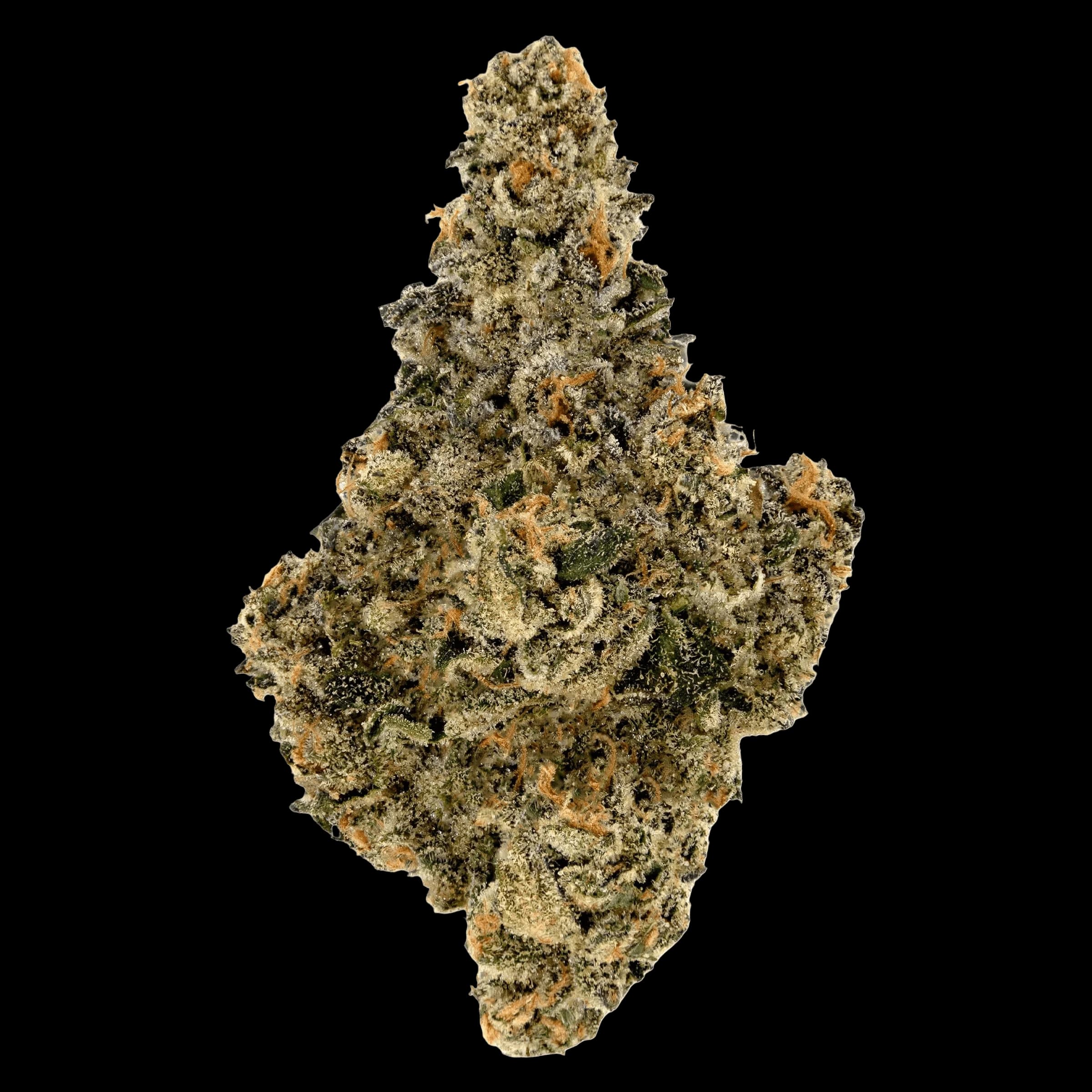 Amani Craft Cannabis dried flower bud with dense green and amber trichomes on white background