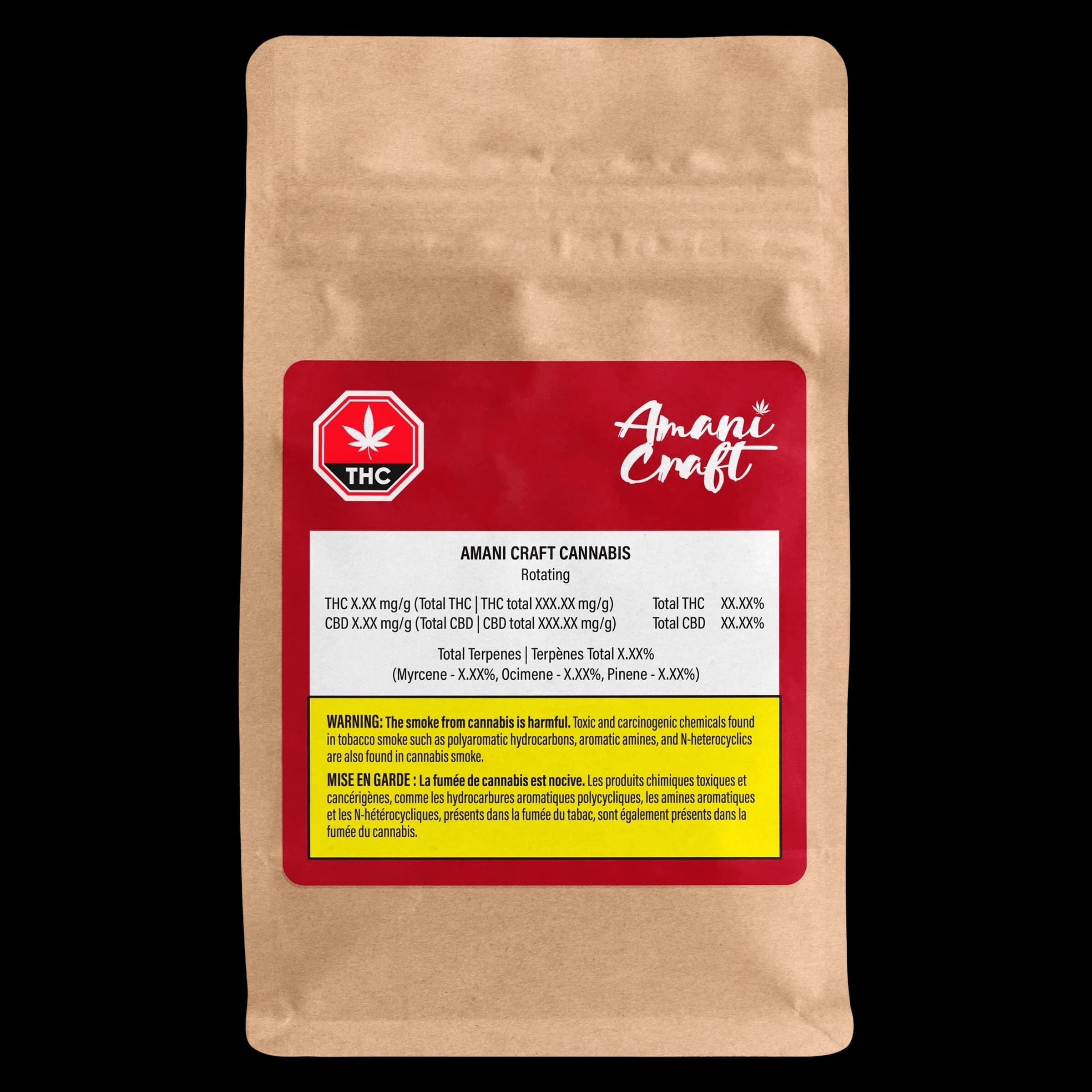 Amani Craft Cannabis Rotating dried flower in kraft pouch with red label showing THC and CBD potency, terpene profile, and Health Canada warning