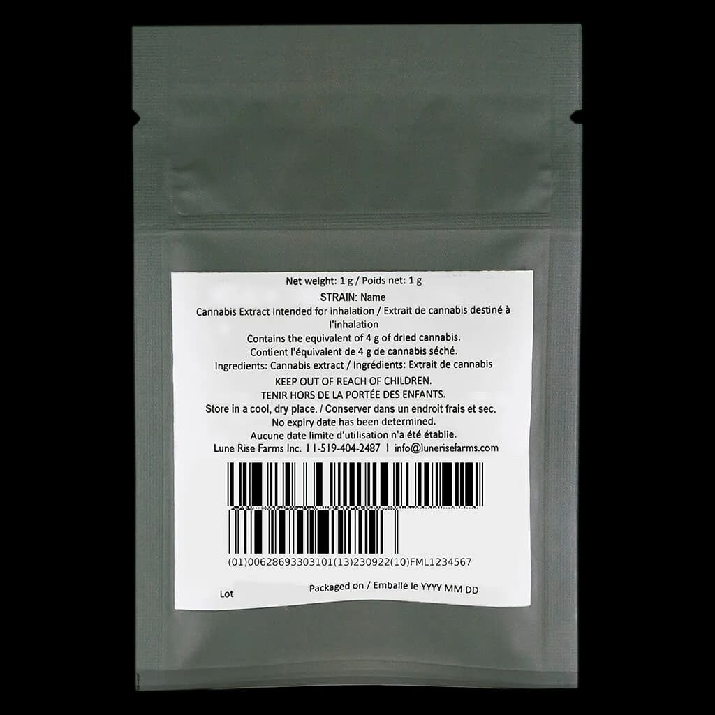 Lune Rise Farms cannabis extract 1g package with bilingual label showing strain name, ingredients, and regulatory information