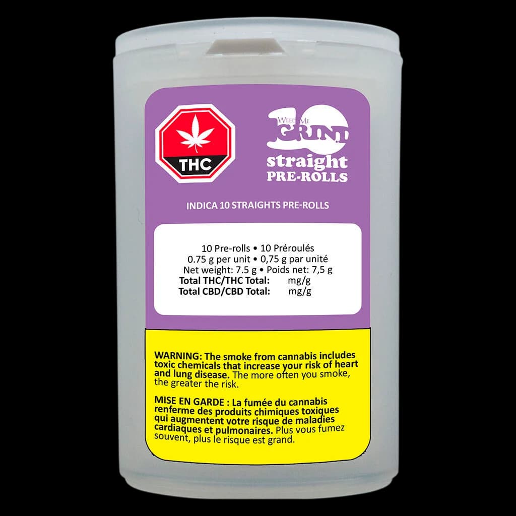 Weed Me Grind Indica Straights pre-rolls, 10-pack with 0.75g per unit, 7.5g total net weight in clear cylindrical container