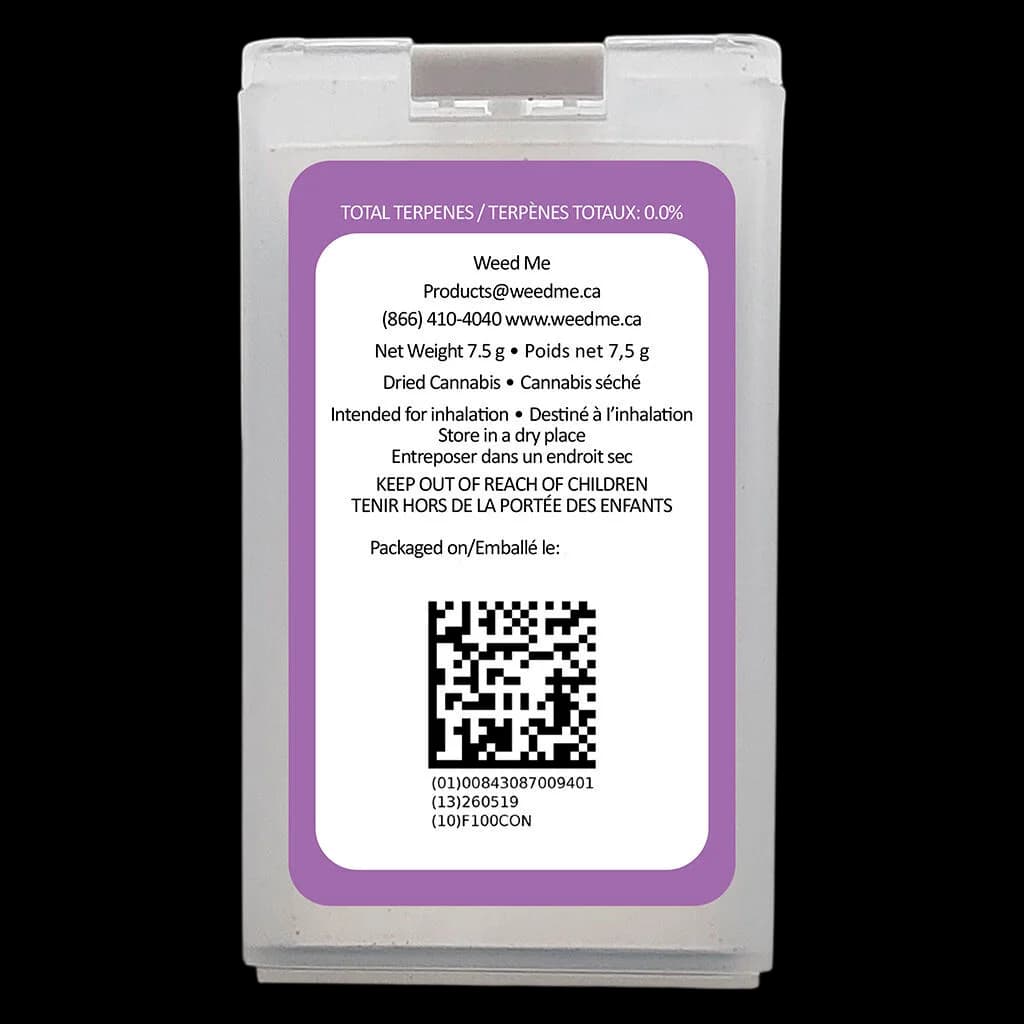 Weed Me 7.5g dried cannabis package rear label with purple border, showing total terpenes 0.0%, net weight, bilingual text, QR code, and regulatory information
