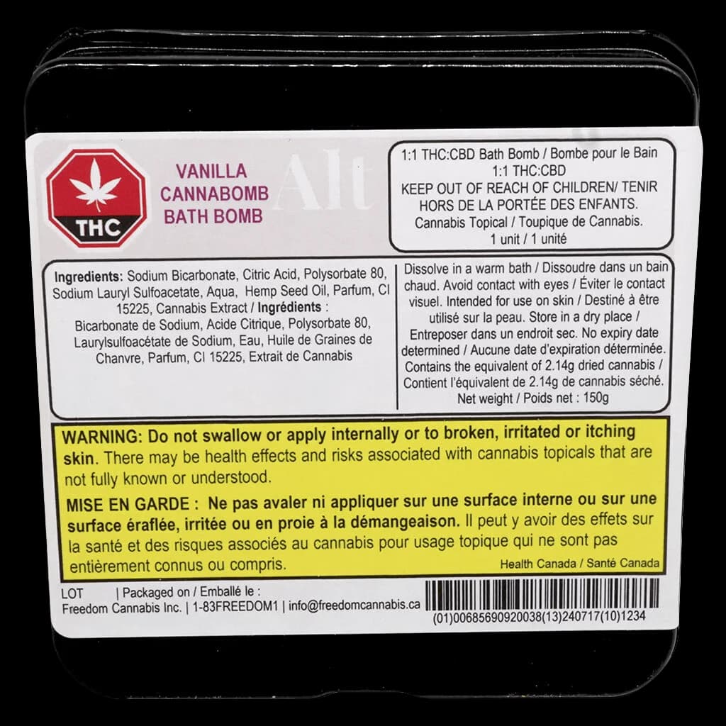 Freedom Cannabis Inc. Vanilla Cannabomb 1:1 THC:CBD bath bomb, 150g, black container with red THC warning symbol and bilingual labeling