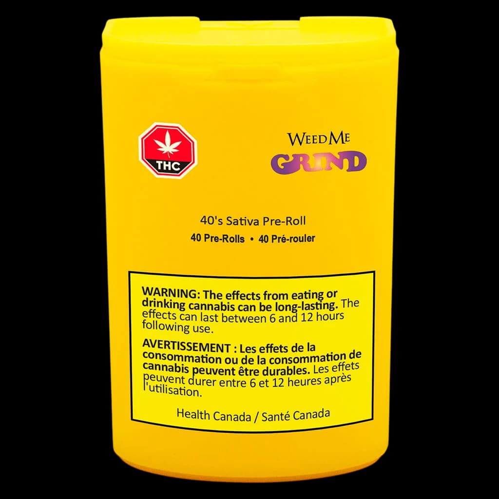 Weed Me Grind 40's Sativa Pre-Roll pack, 40-count cannabis pre-rolls in bright yellow packaging with THC warning label