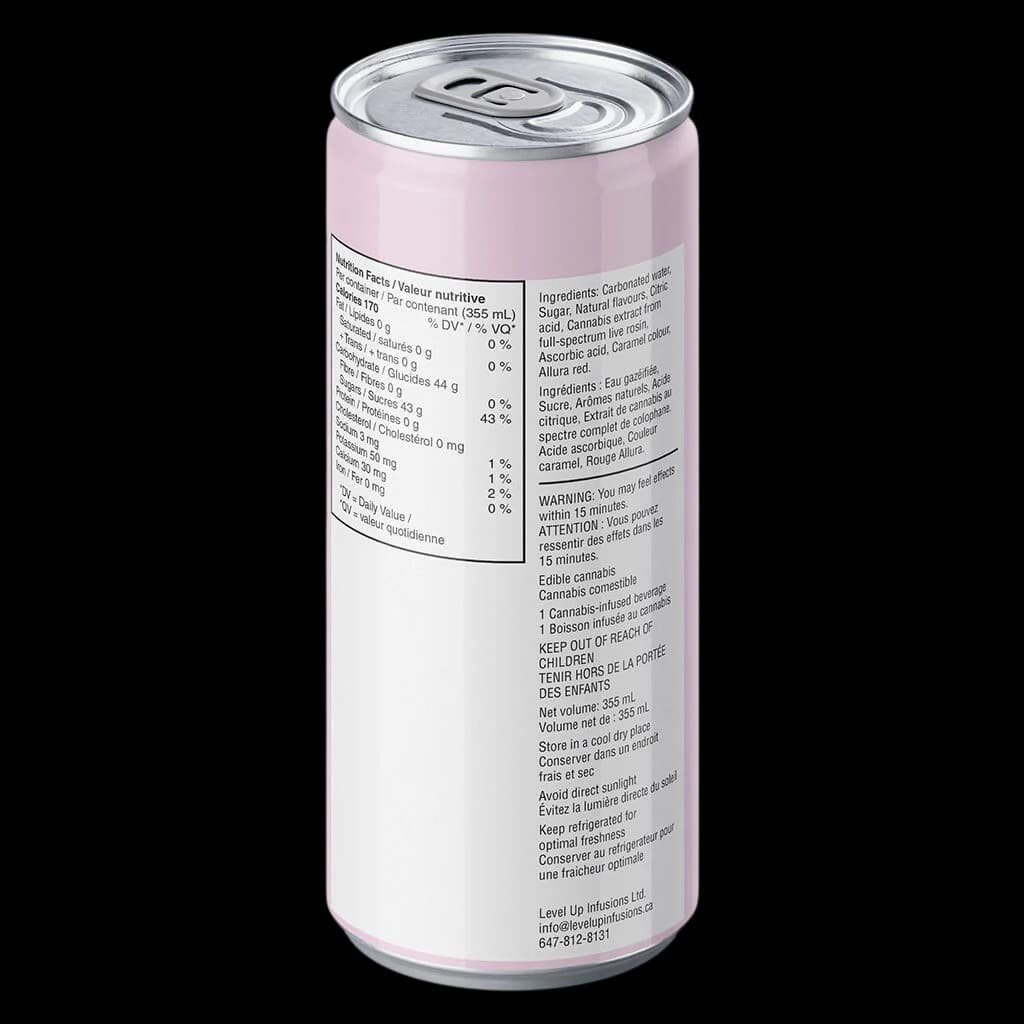 Impromptu Full Spectrum Live Rosin Cream Soda 355mL can with pink label showing nutrition facts and cannabis beverage warnings