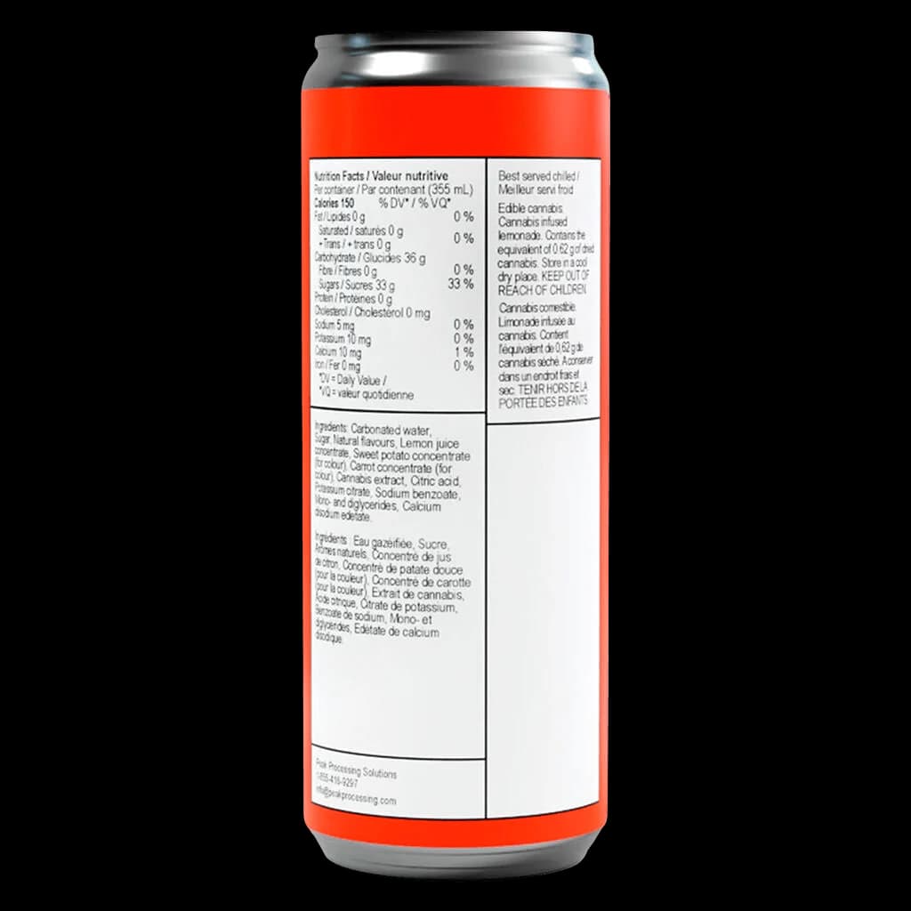 Ray's Tiger's Blood Lemonade 355mL cannabis-infused beverage can with nutrition facts and bilingual ingredient list