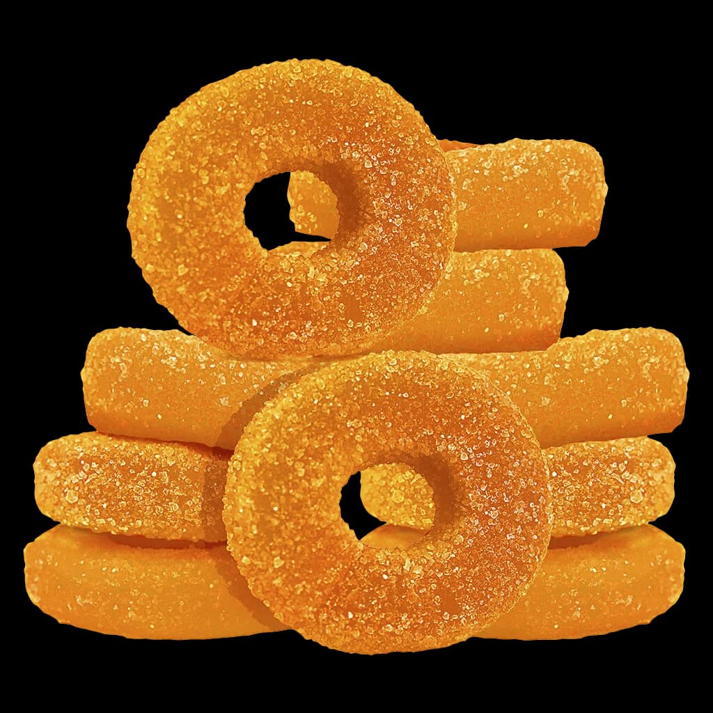 Olli O's 100 THC Multipack Sour Peach Gummies, sugar-coated ring and cylindrical shaped cannabis soft chews in golden orange