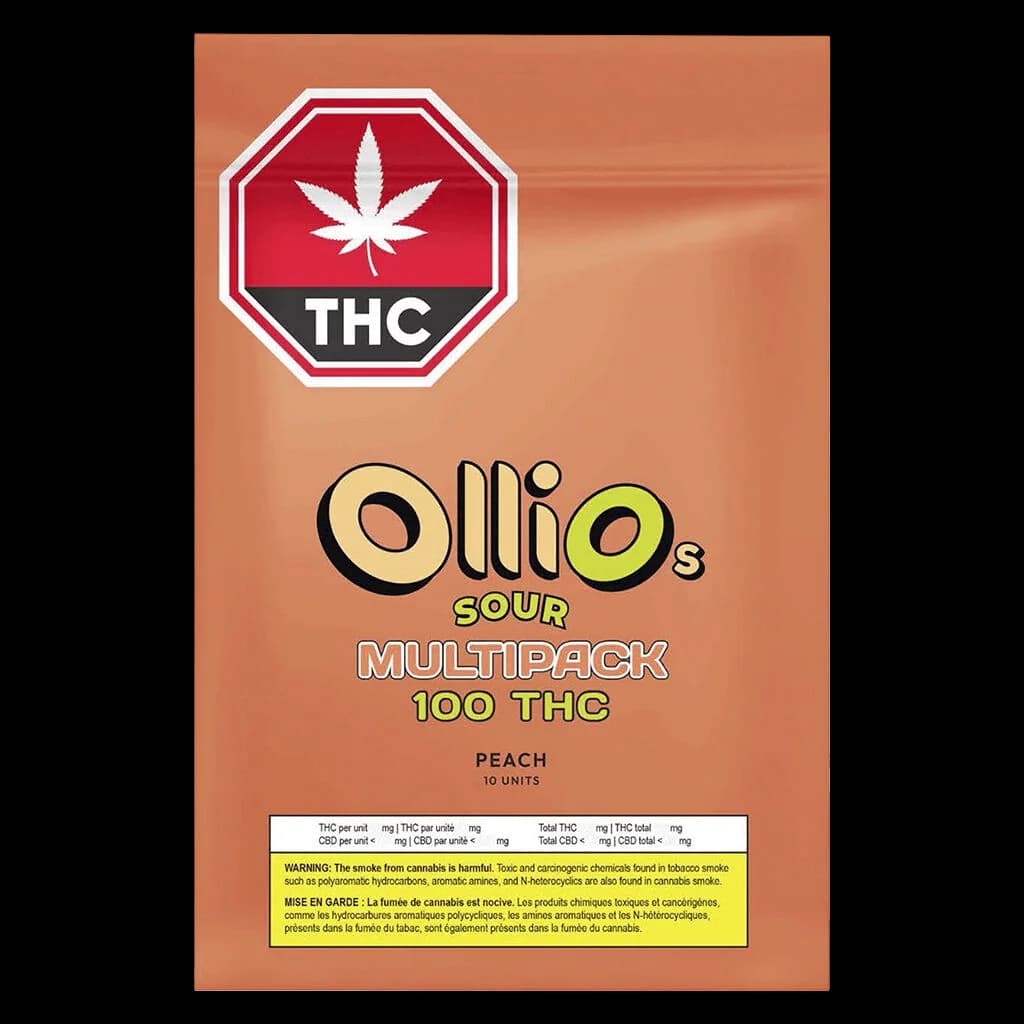 Ollio's Sour Multipack 100 THC peach gummies, 10-unit pack with Health Canada THC warning label