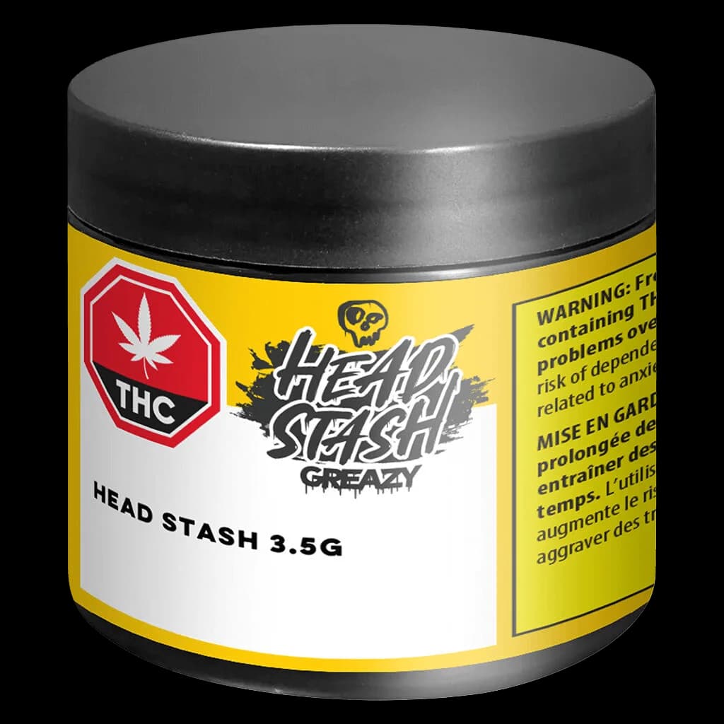 Head Stash Greazy 3.5g cannabis dried flower jar with yellow and white label, black metal lid