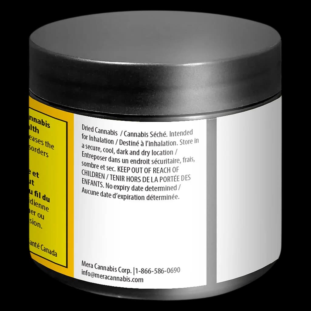 Mera Cannabis Corp jar with yellow warning label showing dried cannabis flower packaging, rear view with storage and safety instructions